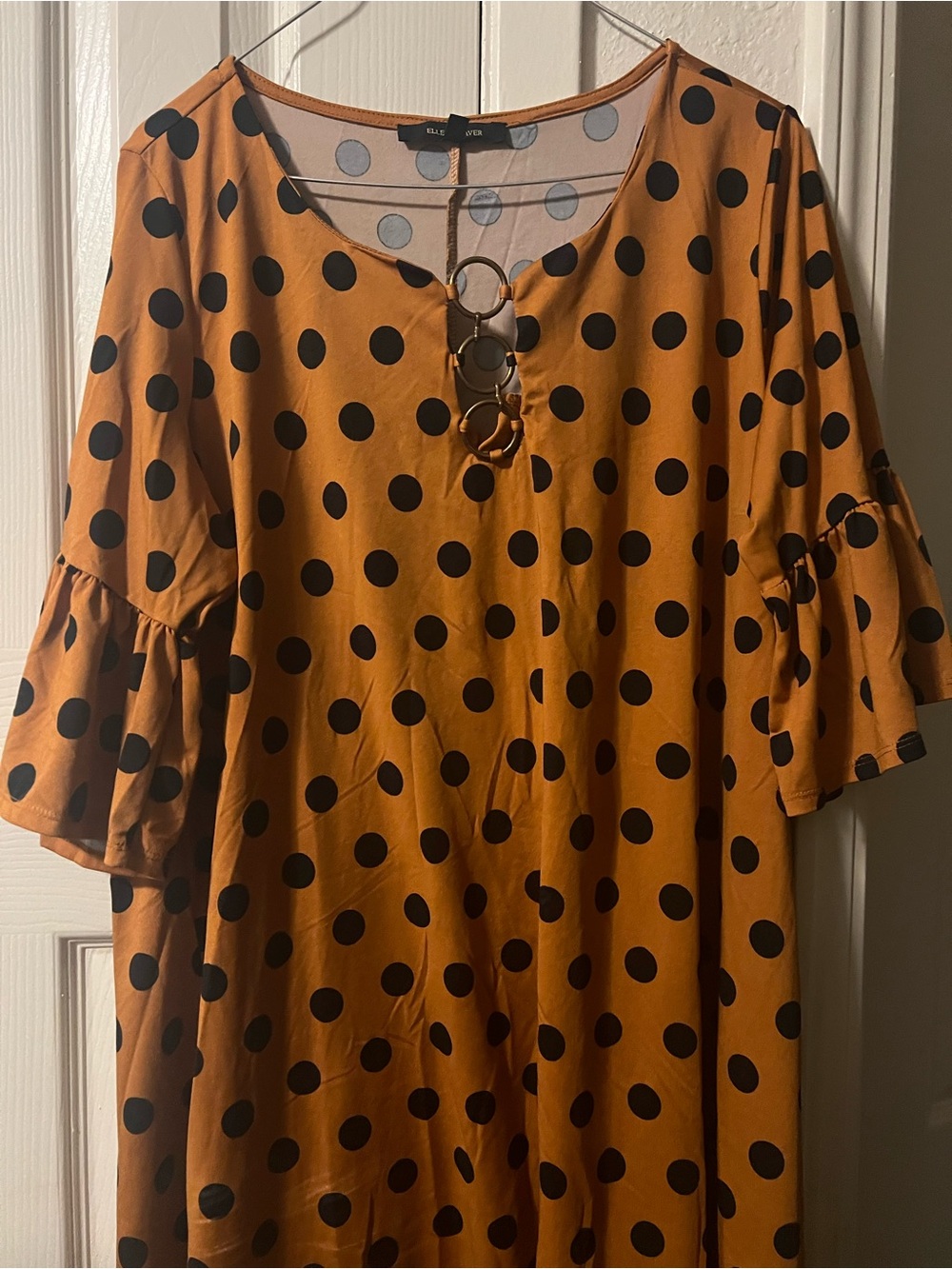 ELLE Mustard Polka Dot Midi Dress with Ring-Front Detail